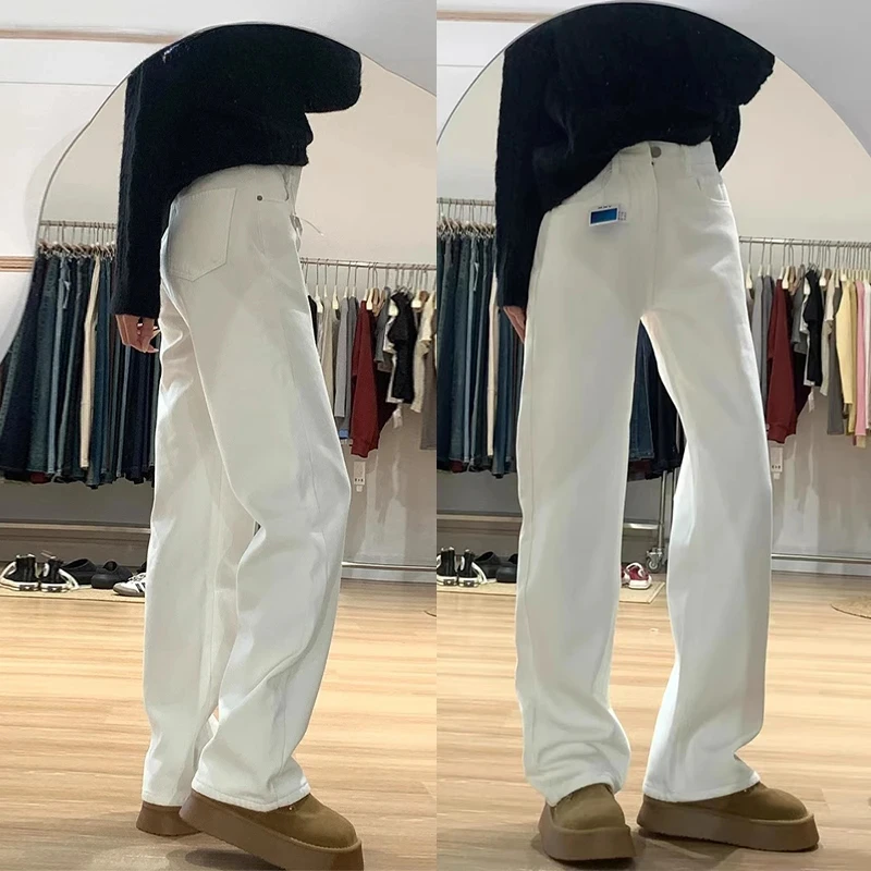 白色窄版阔腿牛仔裤女高腰秋季2025新款宽松显瘦九分小个子直筒裤