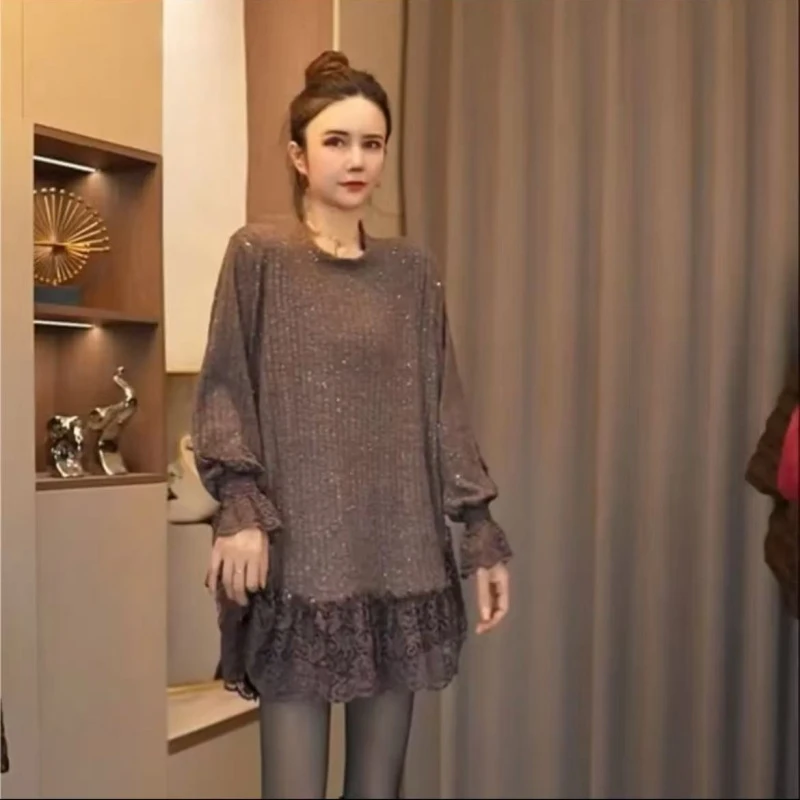 新款时尚亮片蕾丝拼接打底洋气中长款打底衫19YA77