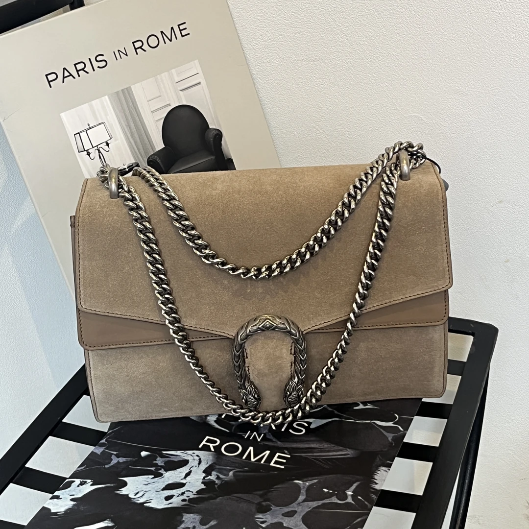 95新 GUCCI/古驰 Gucci 灰色鹿皮大号酒神链条包/H0001111