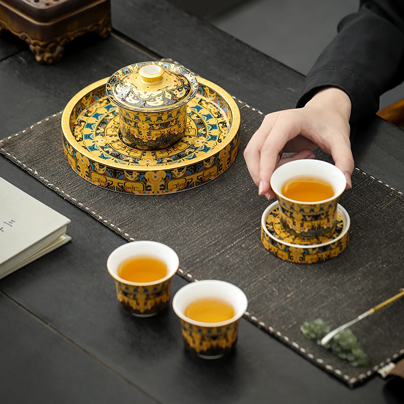 唐卡悬停盖碗中式家用陶瓷旋转泡茶碗敬茶碗茶杯高档礼品功夫茶具
