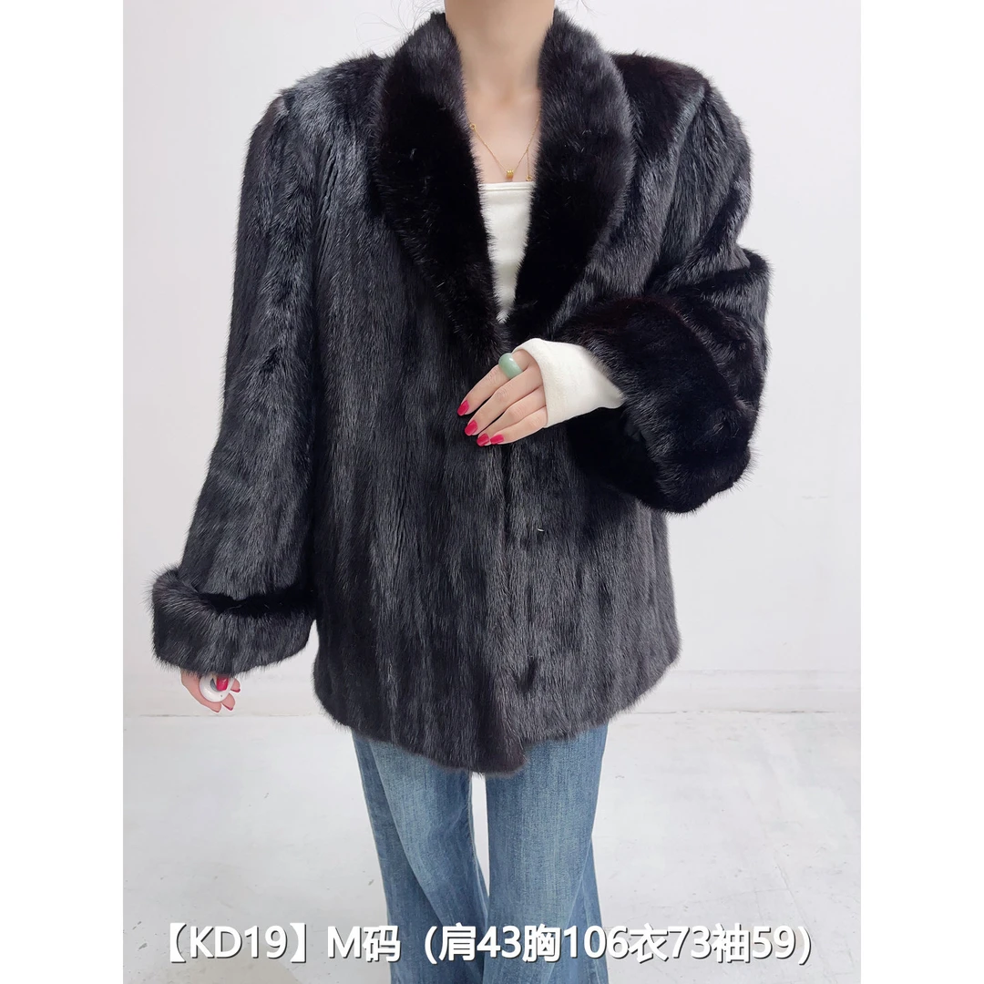 【KD19】M 红黑色短款全抽貂皮水貂大衣女 翻领挽袖 28019