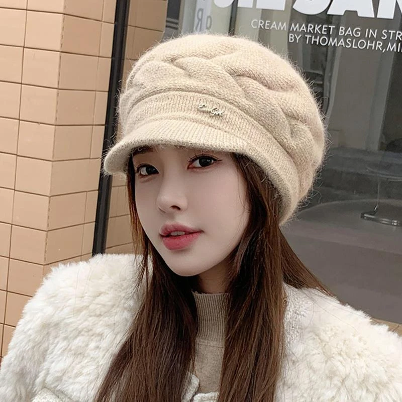 FAVMARTHA兔毛帽子女士冬季2025新款时尚洋气加厚保暖毛线帽护耳