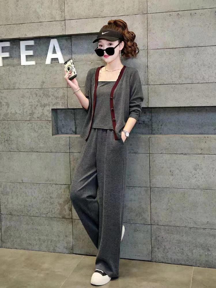 【F1502】套装2025秋新款减龄撞色打底背心开衫外套直筒裤三件套