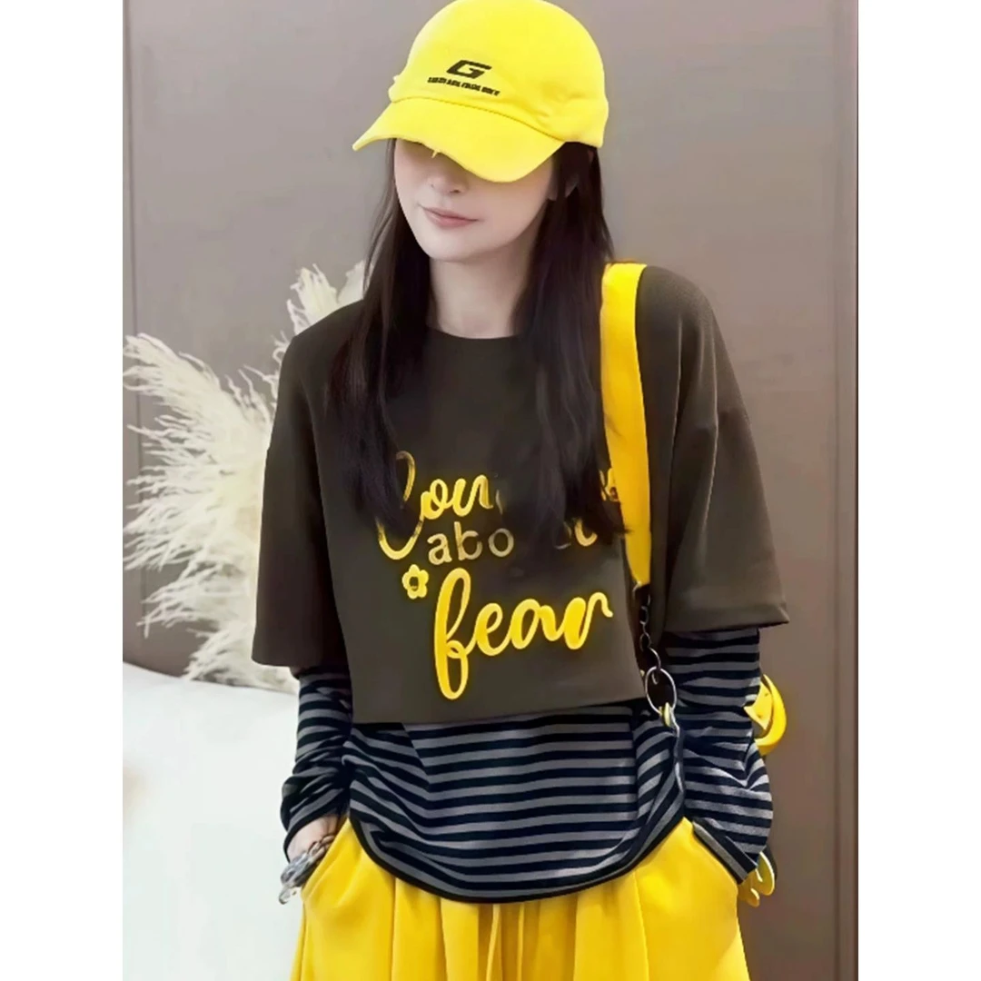 早秋假两件条纹拼接长袖恤女2025新款时尚洋气宽松休闲打底上衣