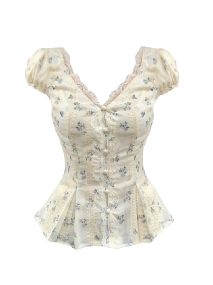 【Amy家】微胖mm法式甜辣风蕾丝拼接v领衬衫女夏季收腰显瘦碎花上衣