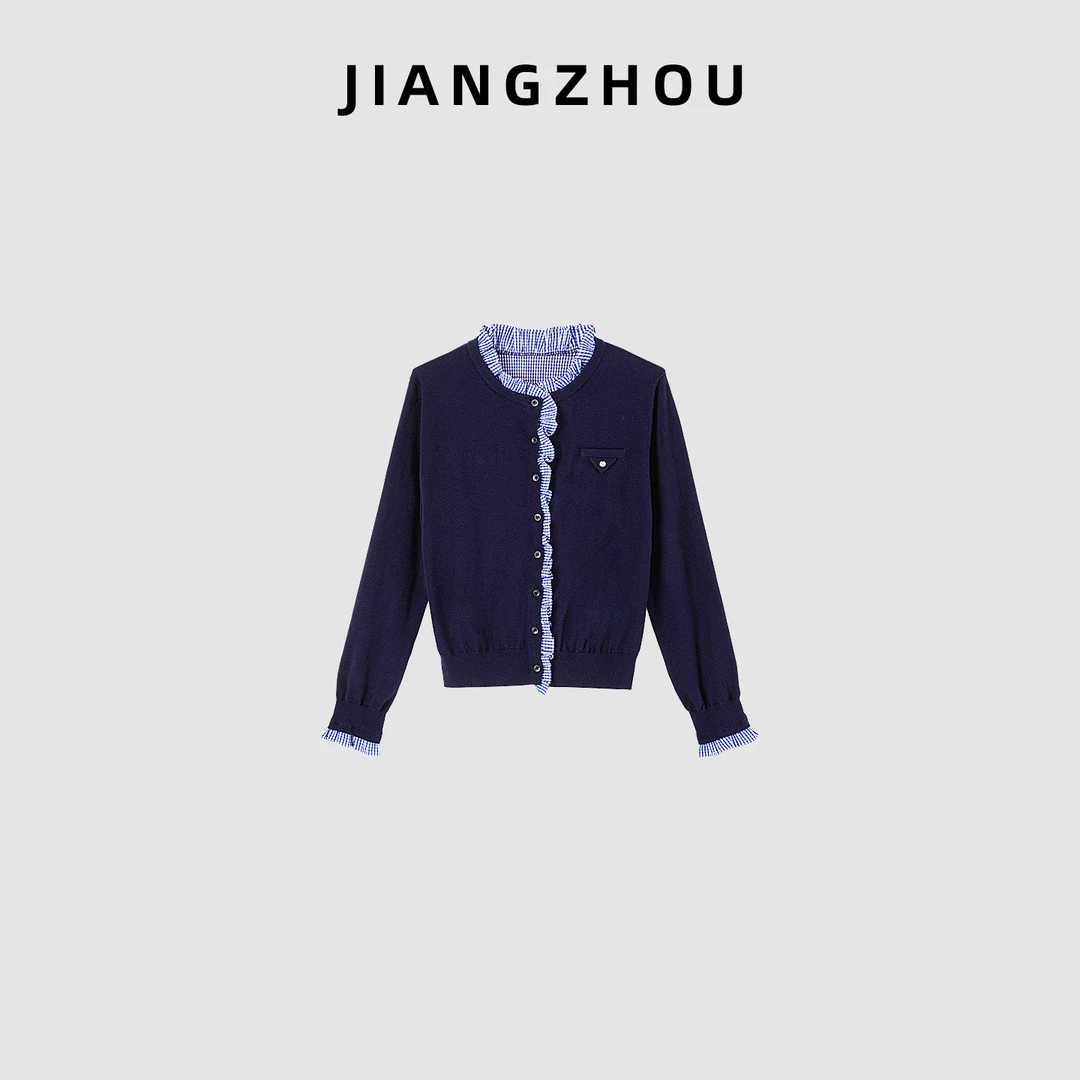 江洲【格尉】秋季新款精致的荷叶边格子拼接设计款长袖羊毛毛织开衫