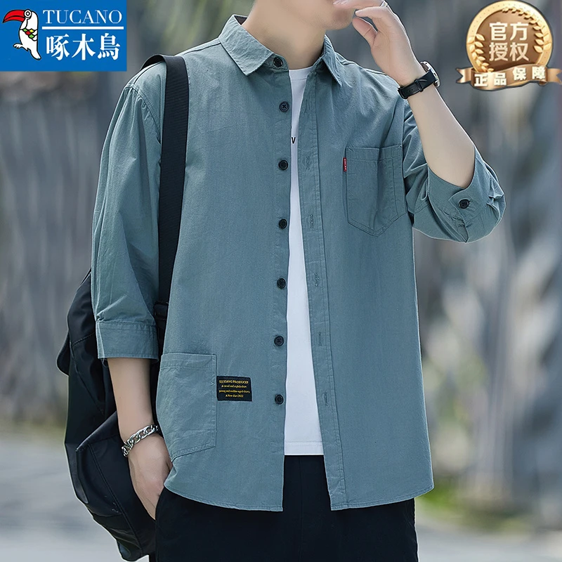 啄木鸟正品100%纯棉七分袖男士休闲衬衣薄款夏季新款衬衫百搭宽松