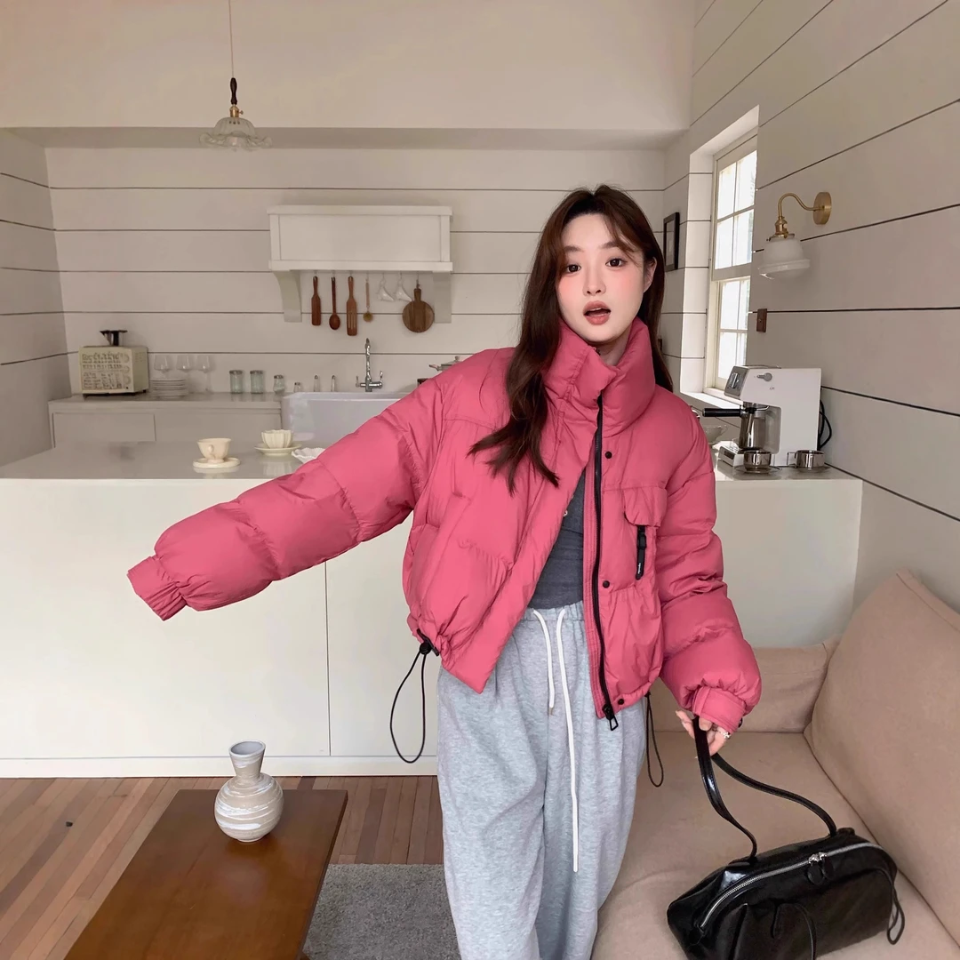 小个子短款立领韩系气质宽松显瘦加厚保暖玫红色棉服女装冰雪休闲