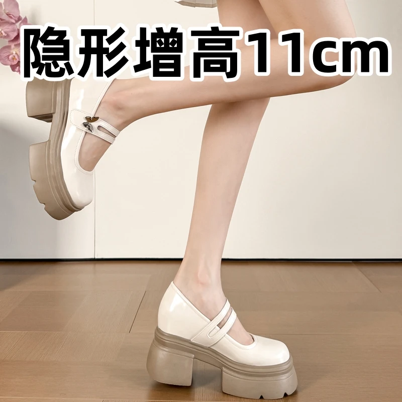 复古圆头内增高小皮鞋粗跟鞋子女2025新款春秋小个子单鞋乐福鞋