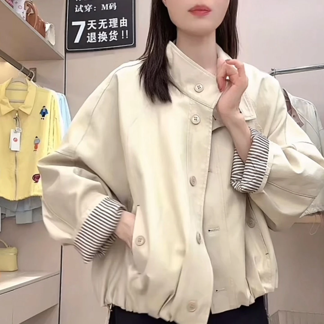 韩系简约百搭女短款风衣外套潮2025年秋季小个子新款拼接条纹休闲