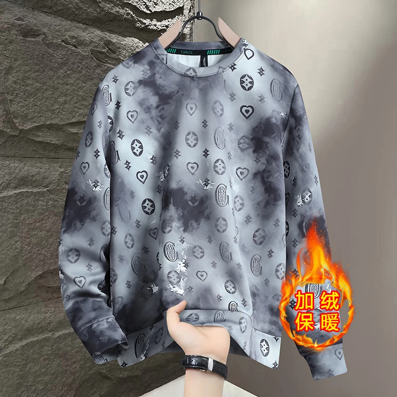 男士秋冬卫衣圆领长袖潮流印花打底衫休闲百搭加厚薄绒保暖上衣潮