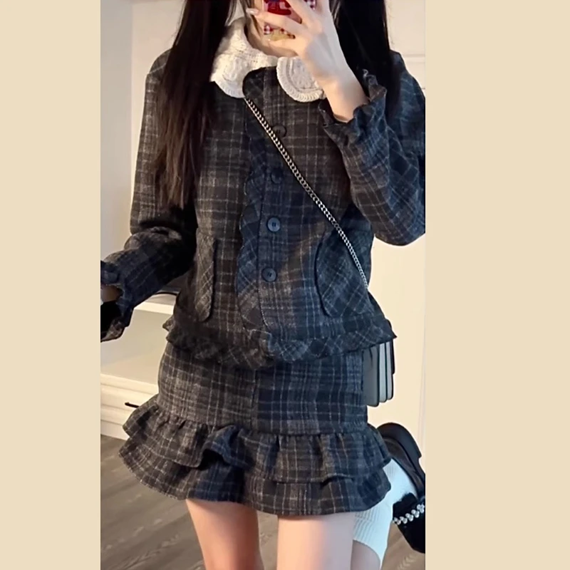 设计感格纹娃娃领复古连衣裙子女2025秋冬新款小个子穿搭一整套装