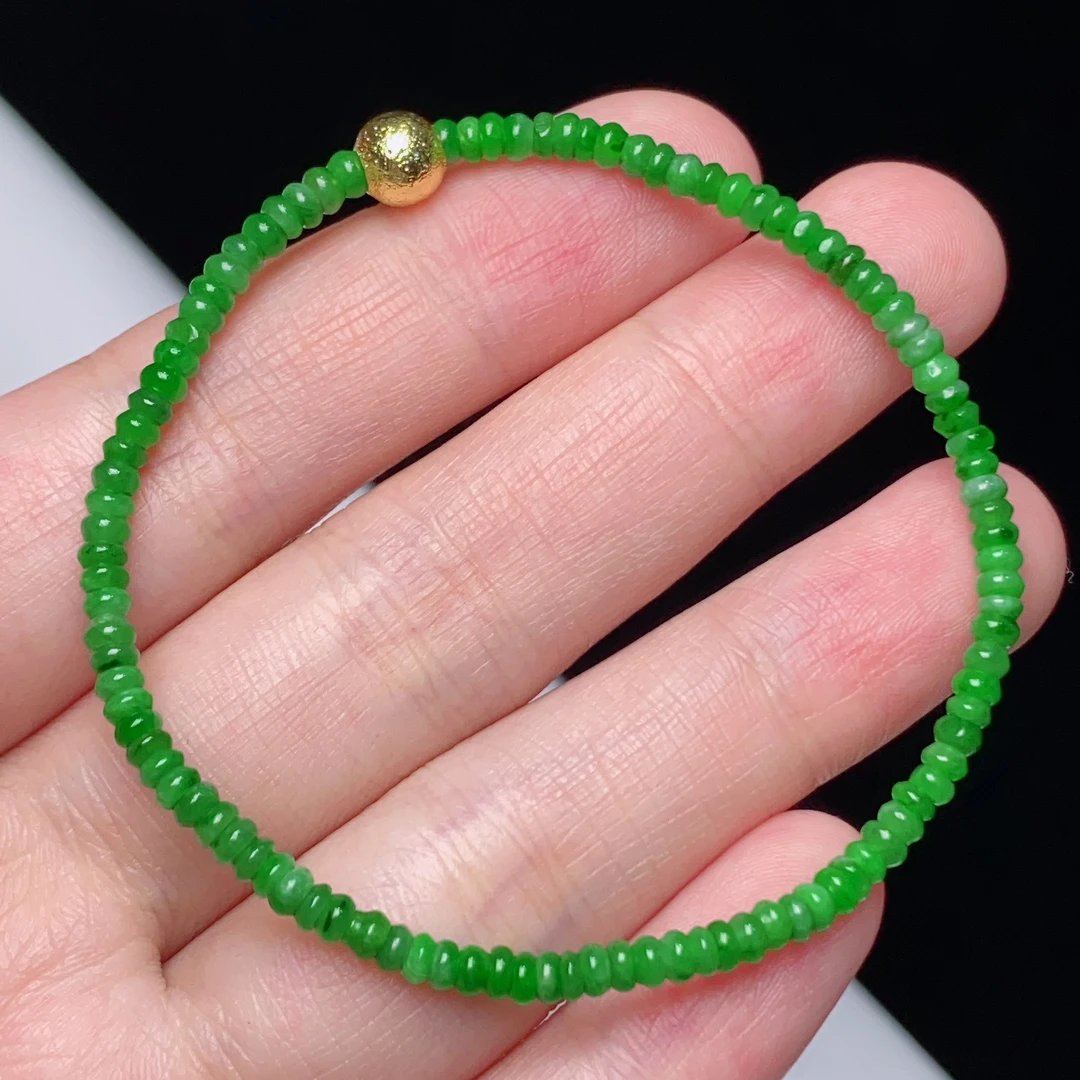 缅甸天然翡翠A货冰润辣绿算盘珠手链卡3.5mm绿色单圈素款
