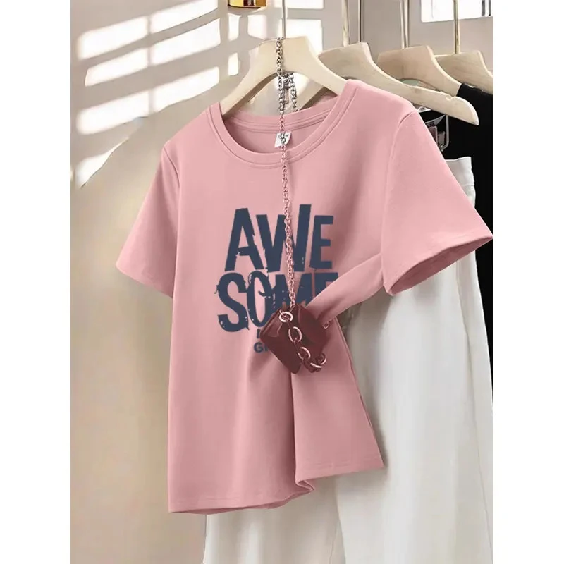 正肩磨毛粉色短袖t恤女2025年新款时尚百搭打底衫厚款上衣春夏季