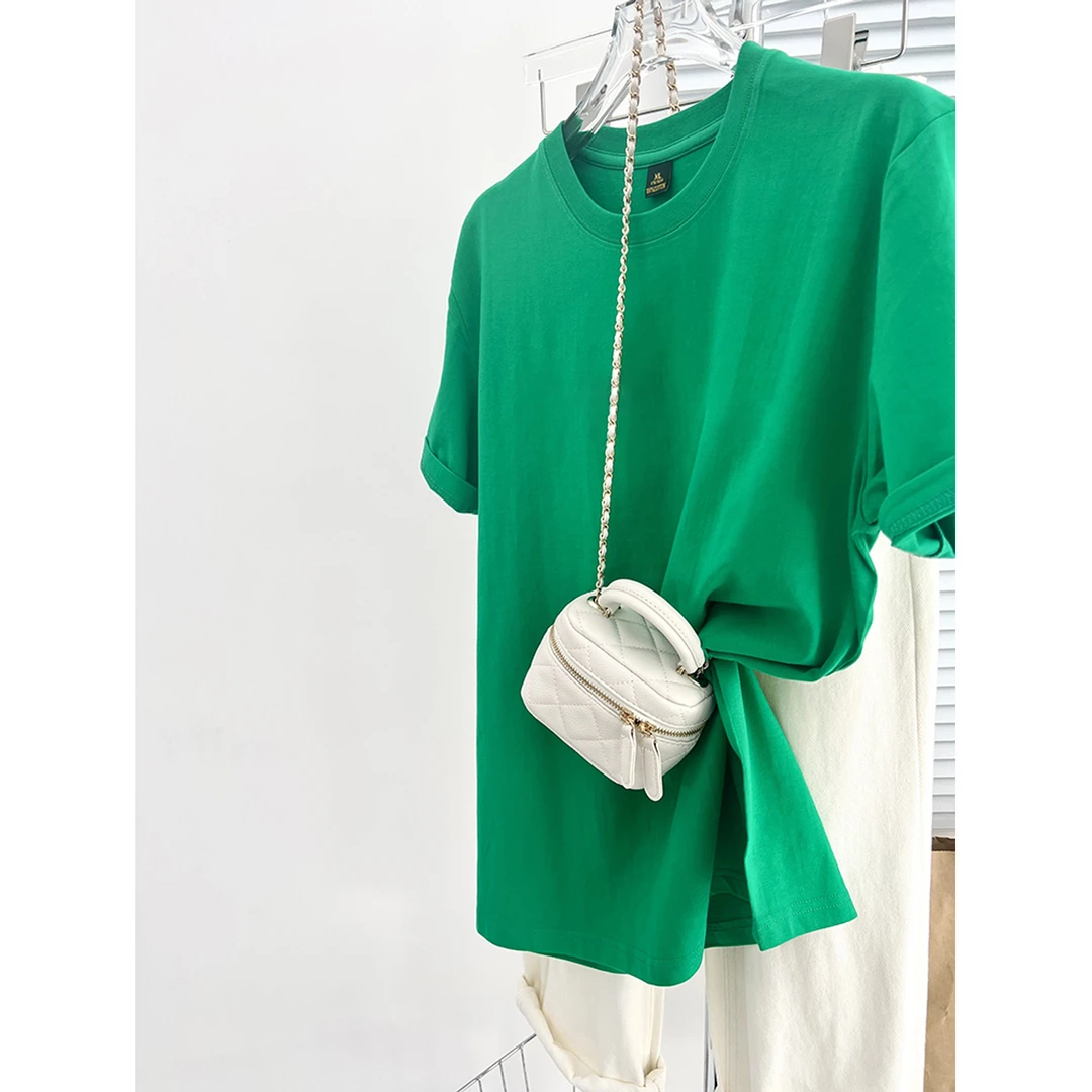 纯棉短袖t恤女青草绿纯色夏季新款活力休闲宽松显瘦纯欲半袖上衣