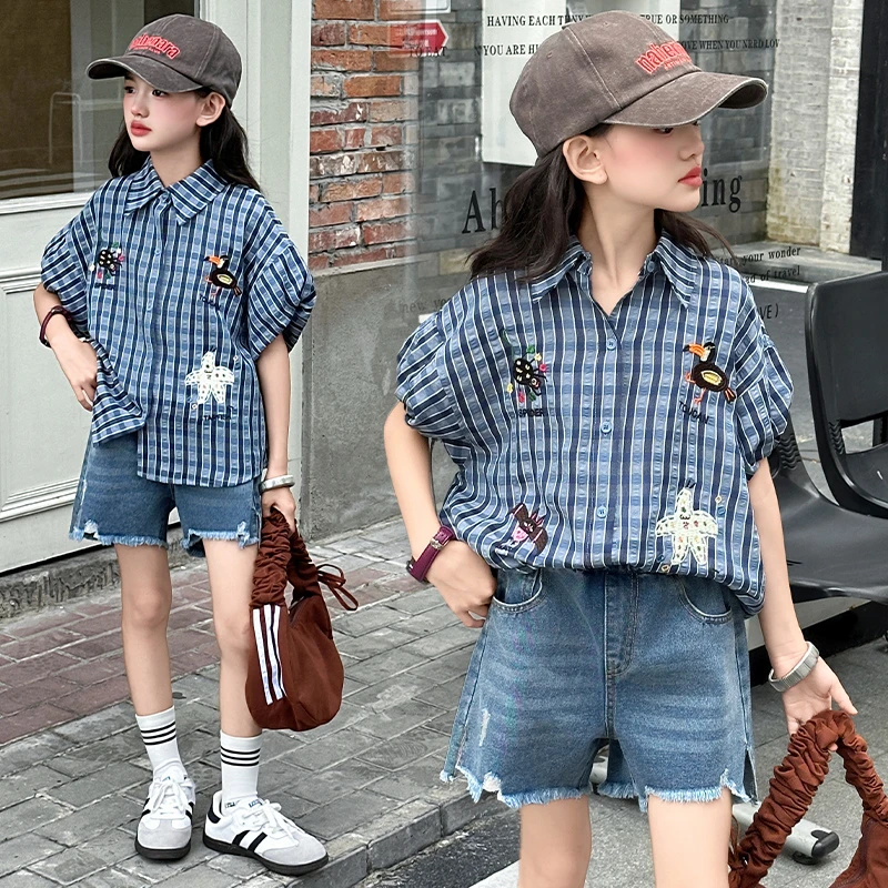 2025女童夏季薄款格子衬衫短裤两件套韩版小众休闲时尚单排扣透气