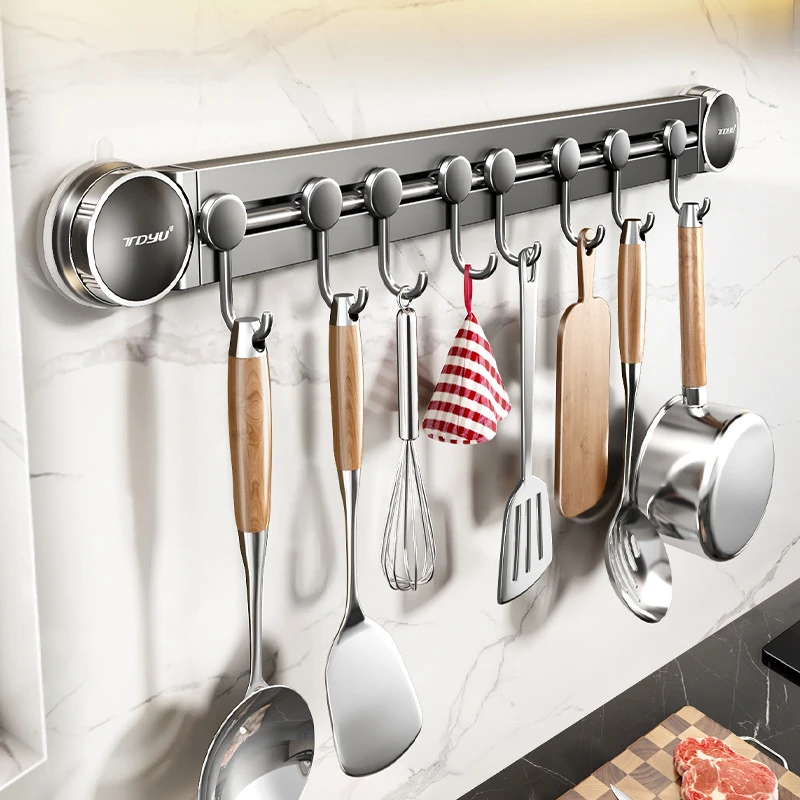 吸盘挂钩厨房置物架免打孔挂杆锅铲勺子挂架壁挂式收纳架子家用
