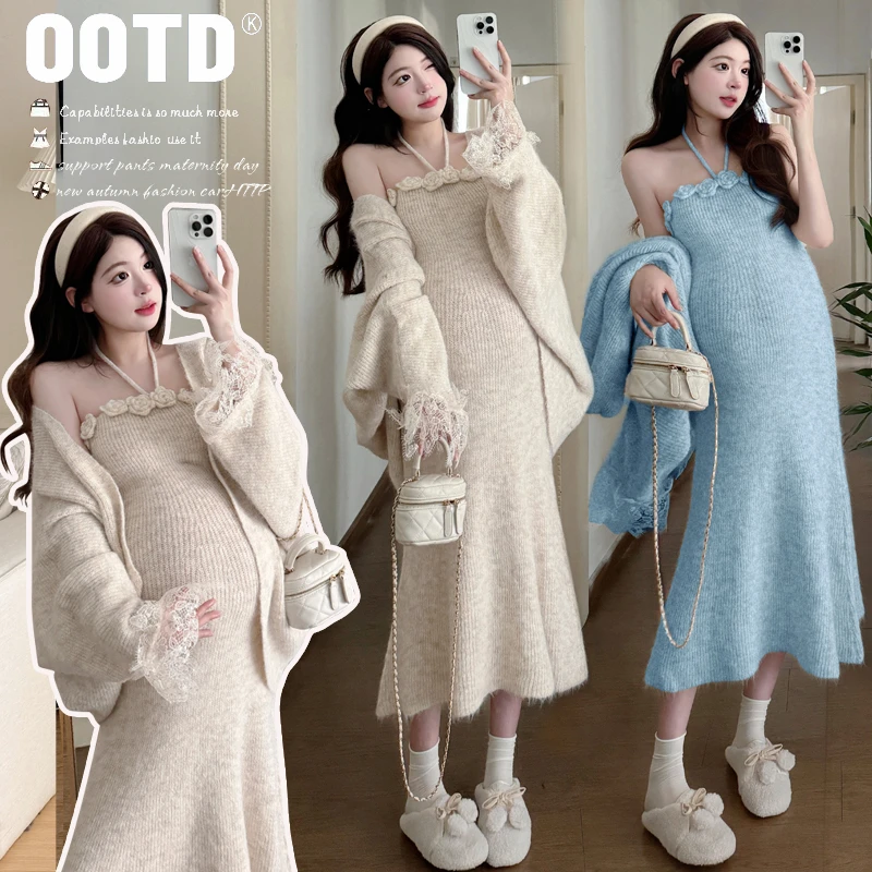 孕妇装秋装2025新款秋冬外穿休闲洋气蕾丝毛衣花朵挂脖连衣裙开衫