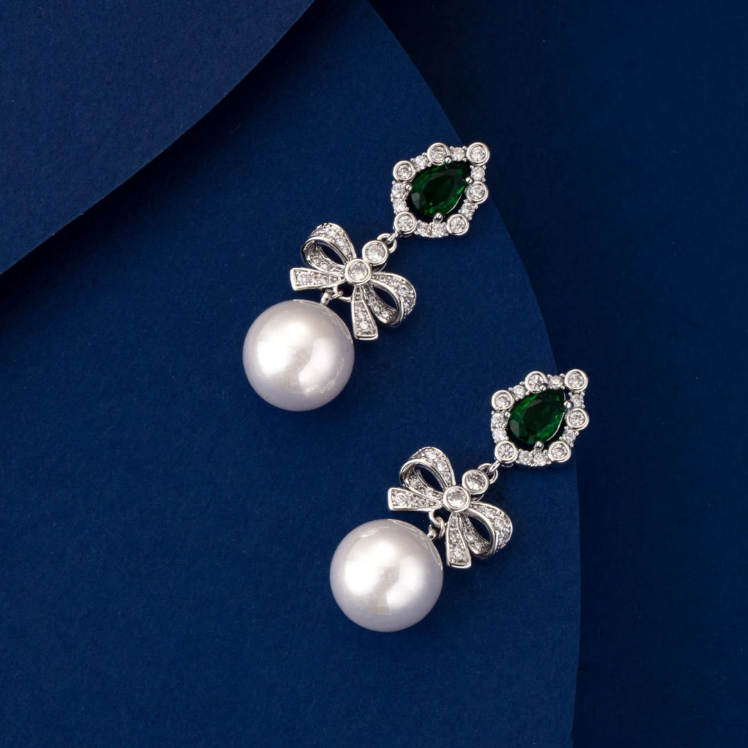 铜合金仿珍珠耳饰 法式新款优雅甜美蝴蝶结珠珠耳环长款时尚百搭