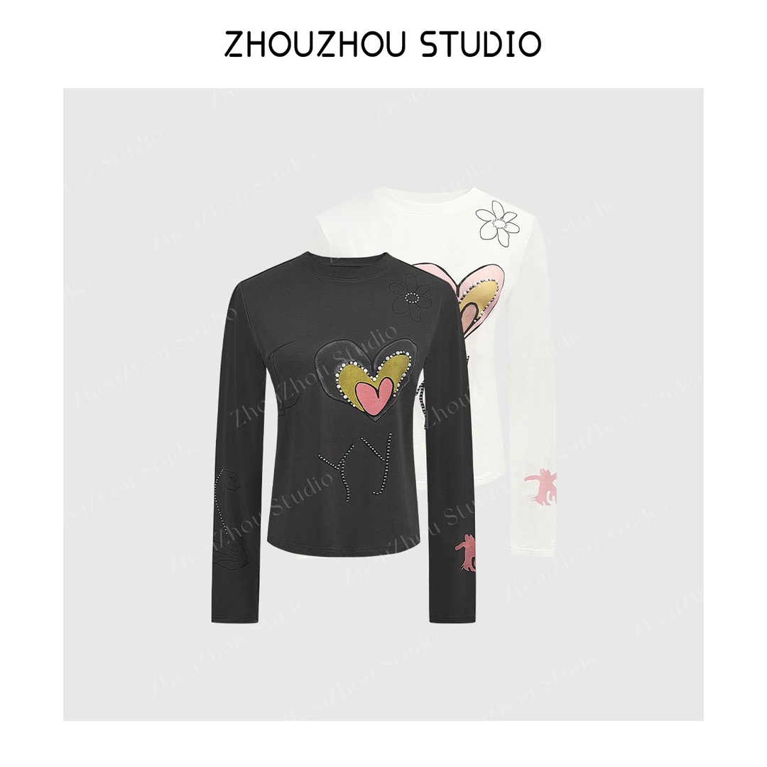 ZhouZhou25秋冬新品 “I LOVE YY”长袖印花T恤上衣