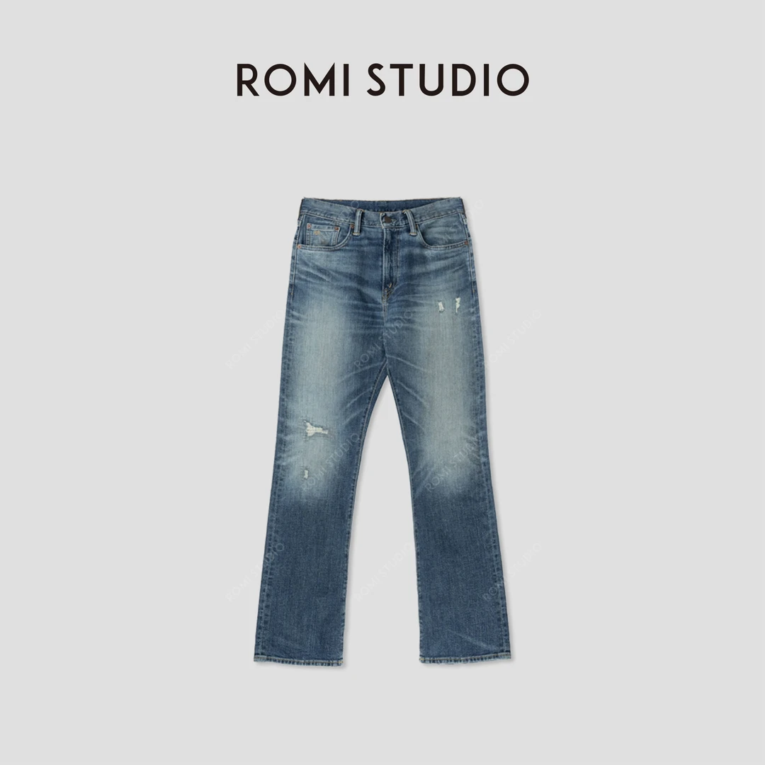 ROMI STUDIO “纽约美式”高腰直筒破洞修身微喇牛仔裤23AWN884