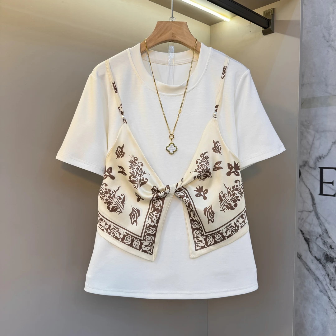 大码2025夏新款时尚吊带拼接短袖T恤女洋气百搭设计感通勤上衣665