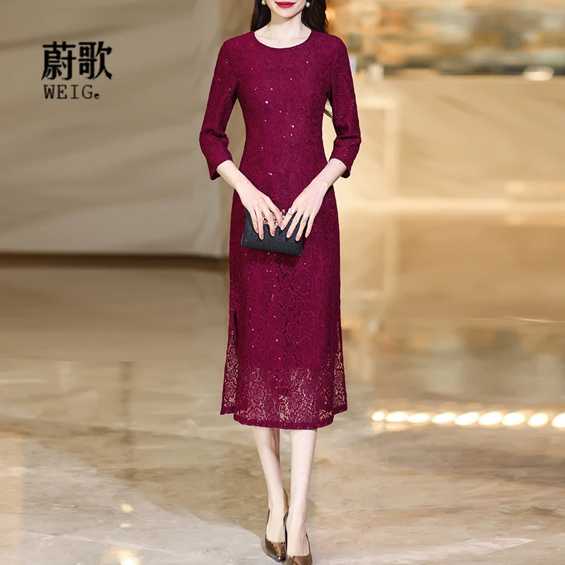 酒红色蕾丝连衣裙2025春季新款喜婆婆婚宴装改良式旗袍连衣裙1737