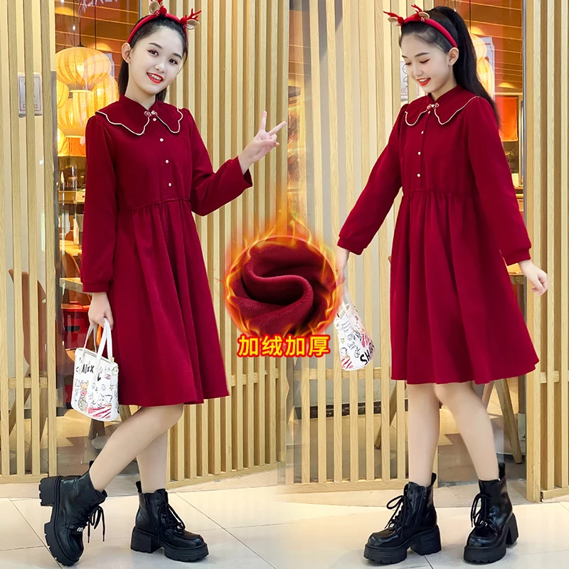 女童加绒连衣裙2025冬季拜年服公主裙中大童女孩国风保暖裙子