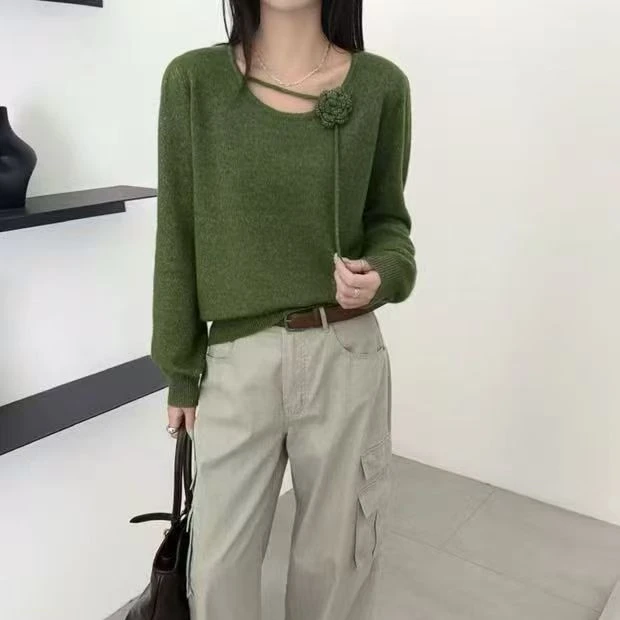 毛衫高级定制驼羊绒亮丝女士圆领玫瑰花朵长袖针织衫宽松百搭毛衣