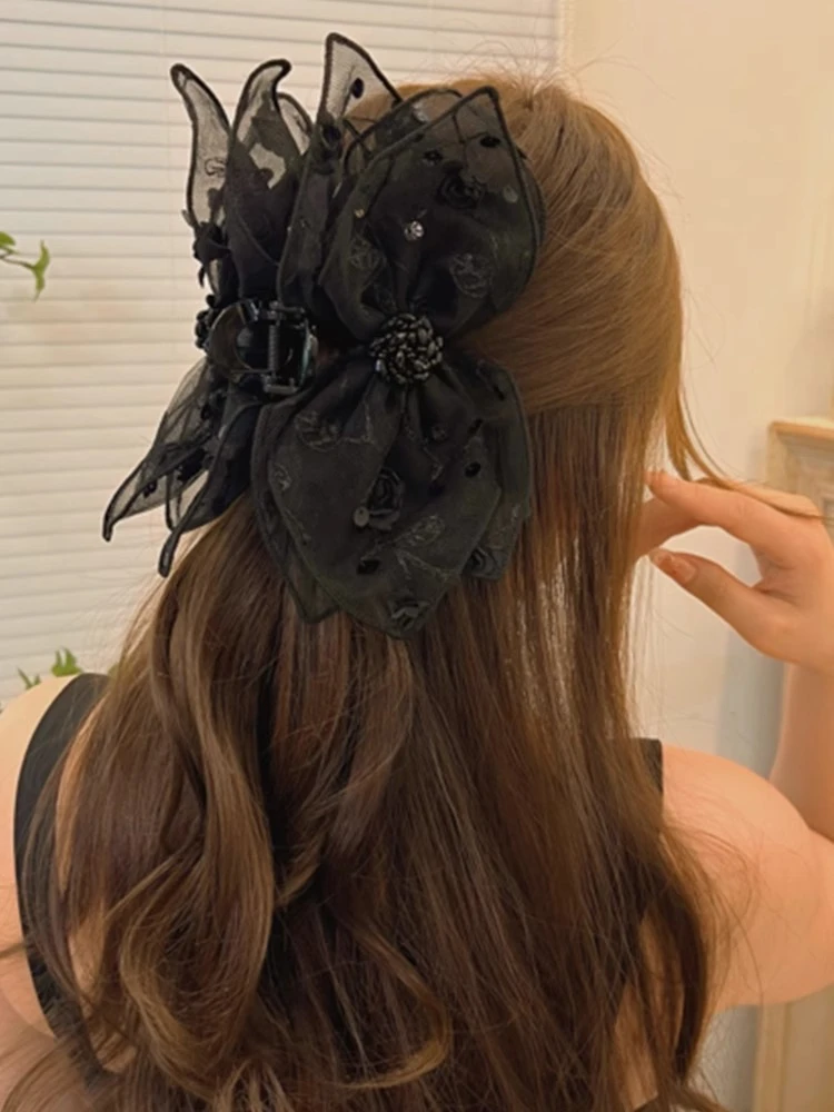 伯爵玫瑰抓夹女大号高级感黑色鲨鱼夹发夹女后脑勺蝴蝶结夹子头饰