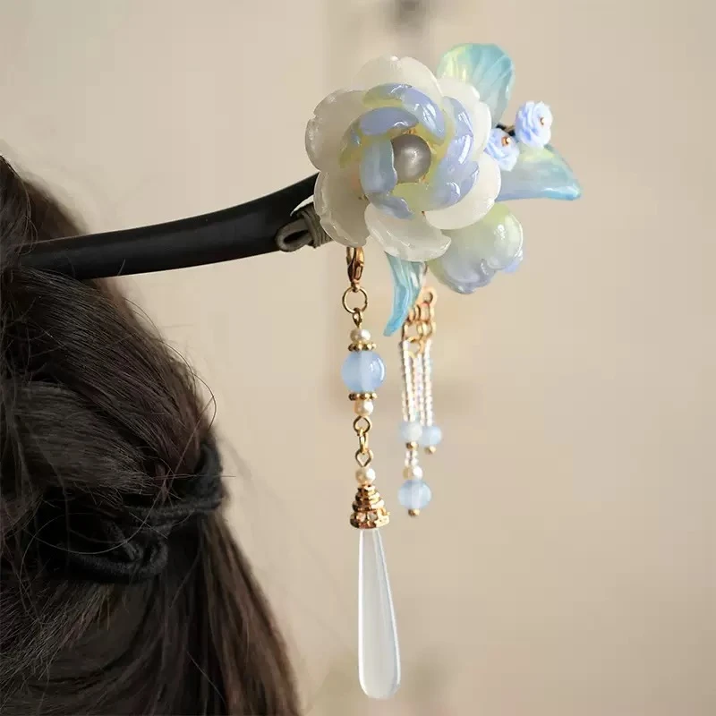 新中式黑檀木发簪琉璃蓝色牡丹花流苏发簪18cm