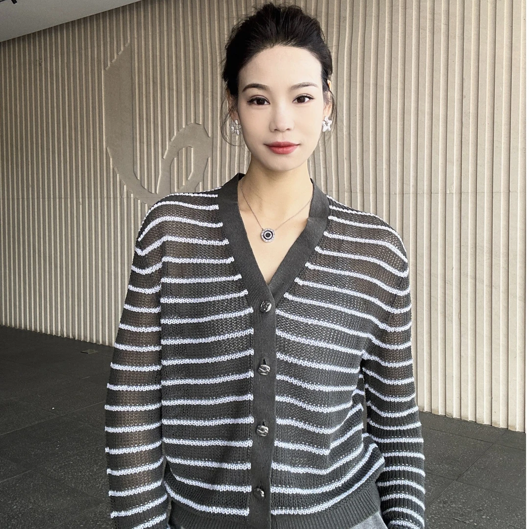 AMASS/阿玛施新款经典百搭清凉条纹亚麻基础镂空针织开衫548009