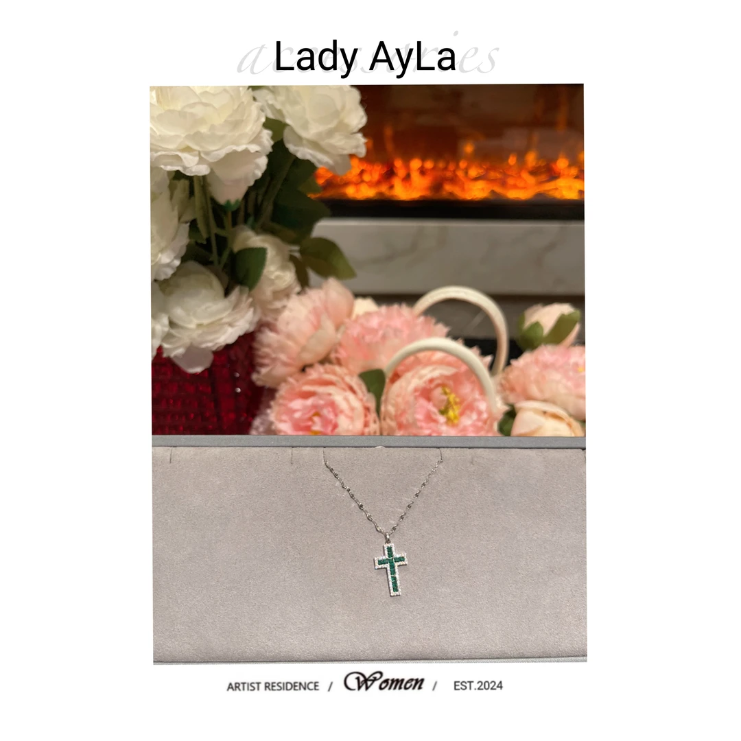 坠链均925银合成锆石 十字架绿色闪锆时尚项链AL829