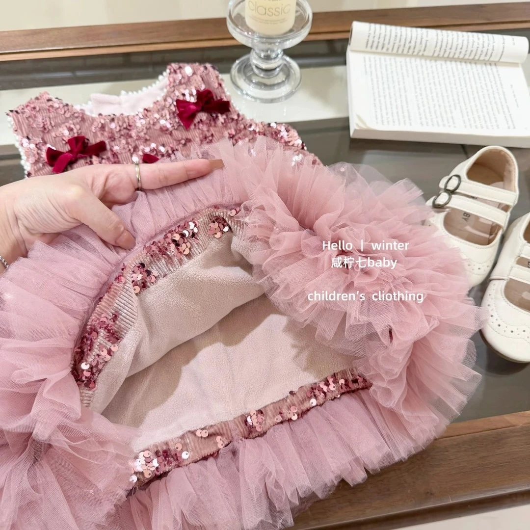 粉雾碎钻!女童甜美无袖亮片背心裙2025宝宝冬加绒蝴蝶结连衣裙
