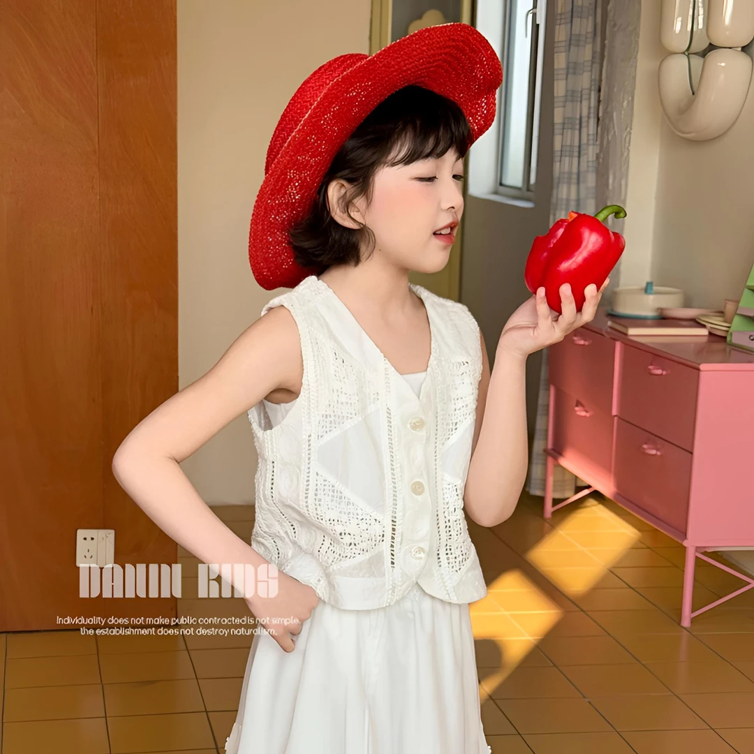 【嗒囜】女童夏季新款白色甜美镂空针织开衫马甲V领单排扣上衣童装