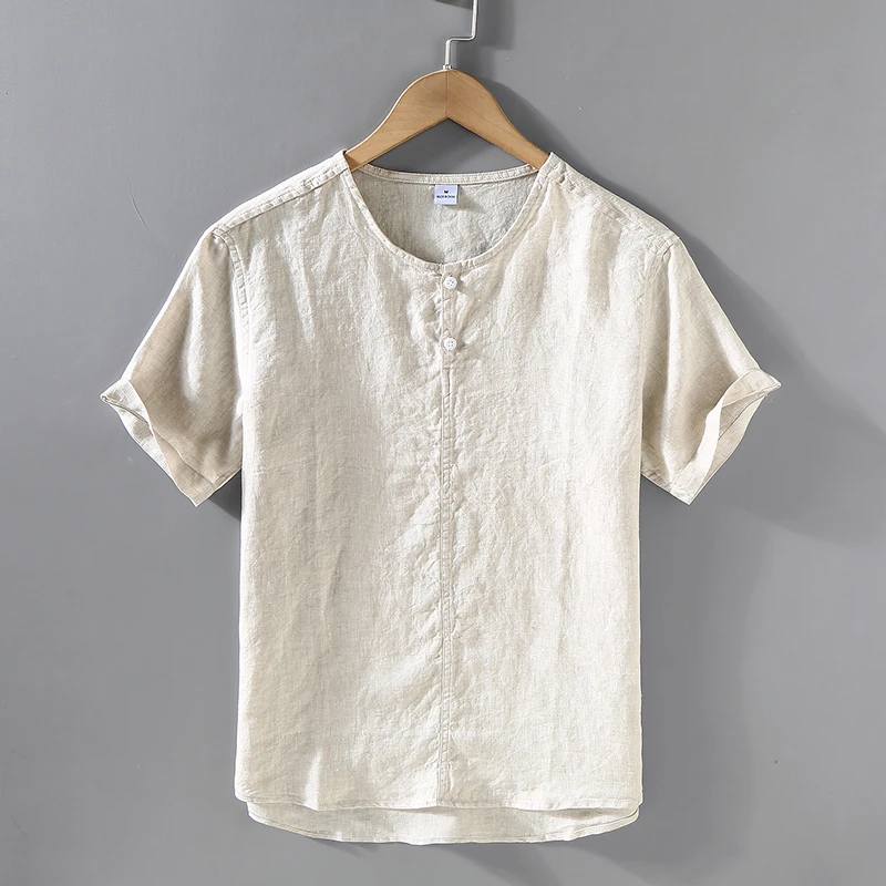 中国风简约纽扣领亚麻T恤男夏季薄款日系复古潮流半袖体恤衫宽松