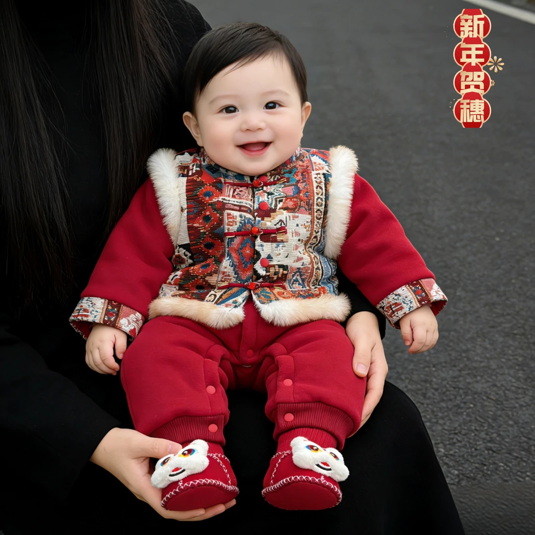 HJ婴儿连体衣套装加绒加厚国潮宝宝衣服周岁连体衣套装ZPD5424