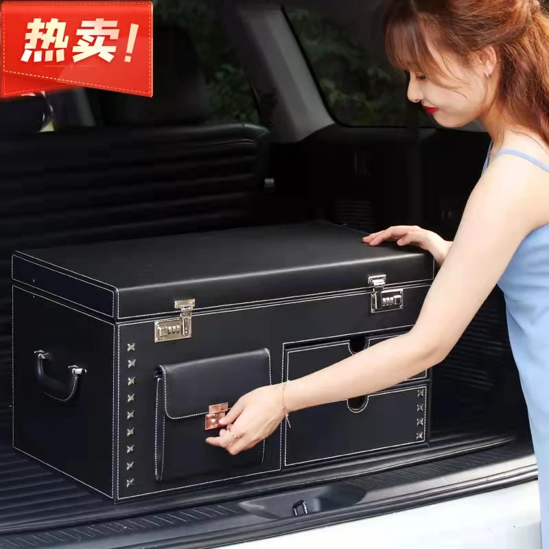 新款车载密码锁收纳箱大车载储物箱分区收纳袋抽屉整体箱无需组装