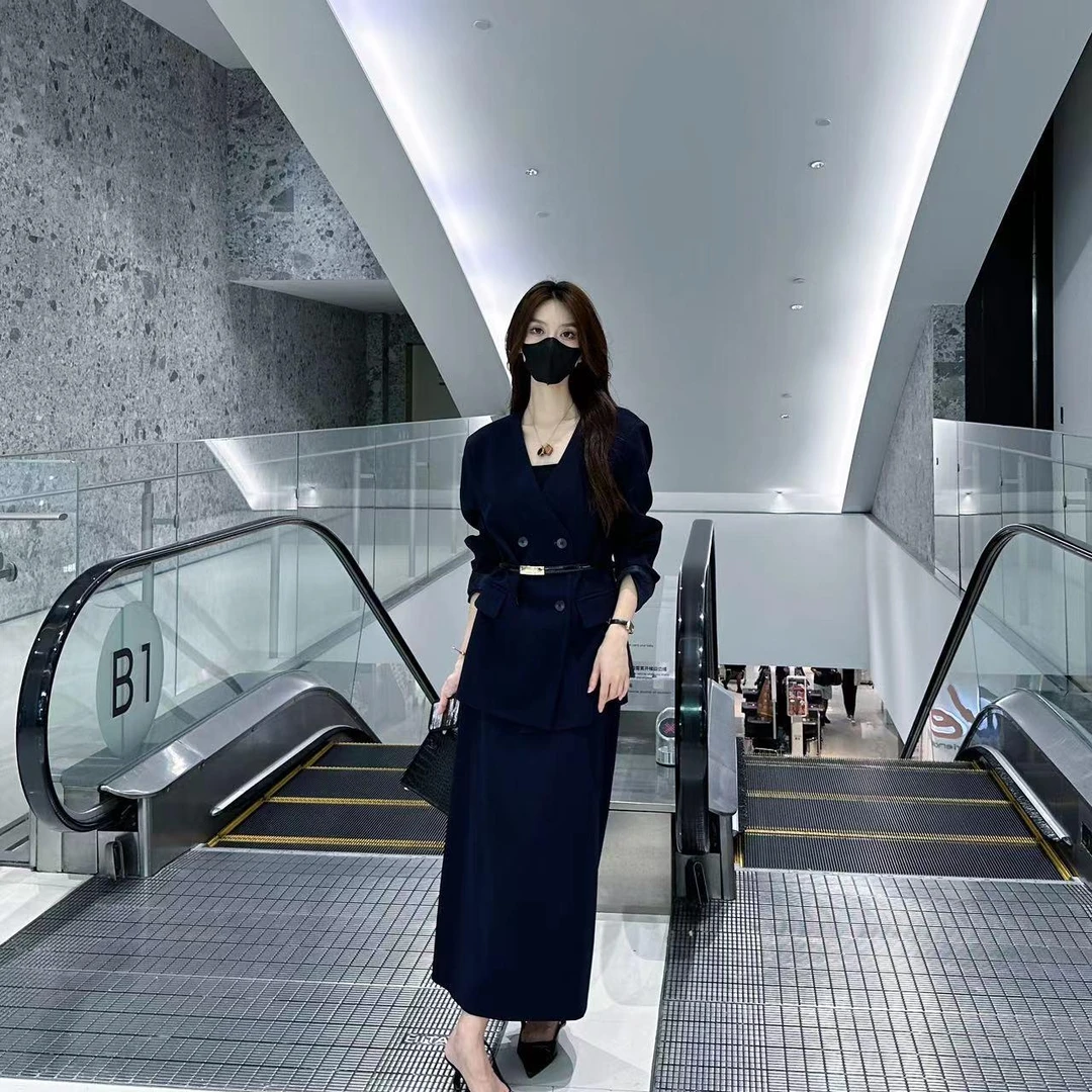 【青】Liixu气质网红西装两件套显瘦遮肉西服外套半身裙XZ1300