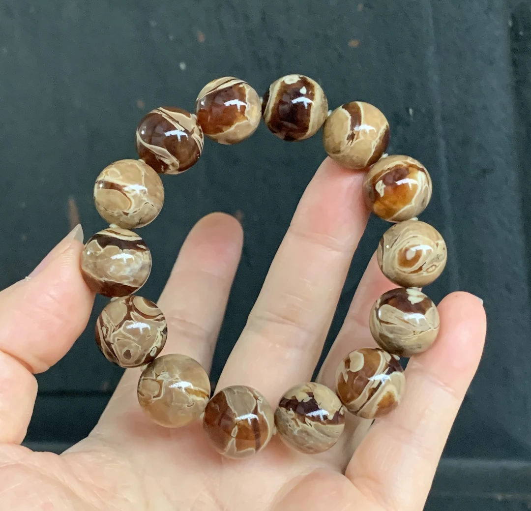 天然缅甸琥珀特色根蜜溶洞佛珠手串27克