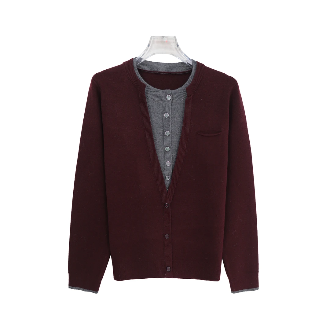 圆领拼色假两件口袋套头时尚洋气韩版针织衫毛衣X3048