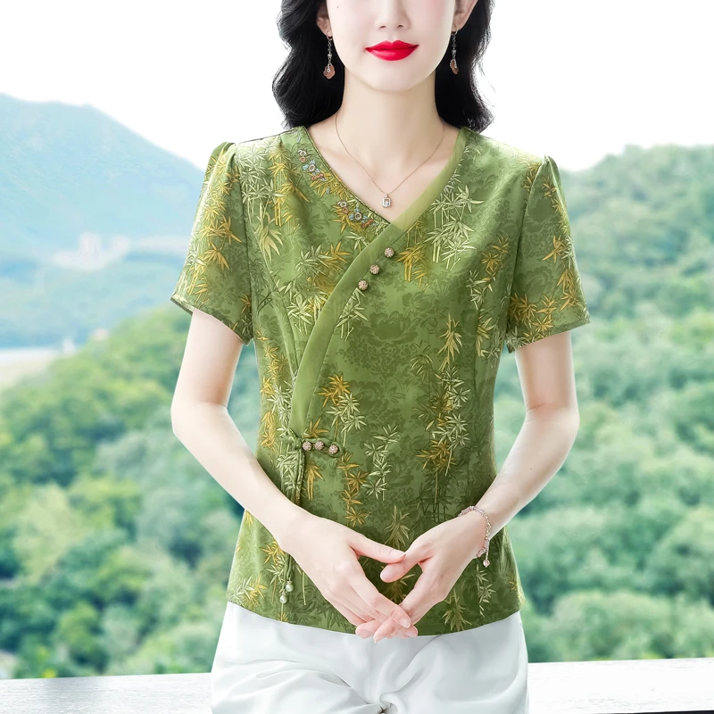 新款2025夏季复古国风短袖翻领印花宽松显瘦修身大码上衣女8230