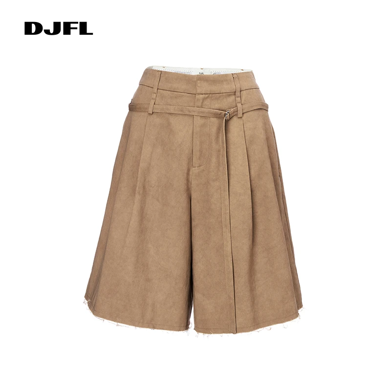 DJFL咖色手工染色工艺经典复古纯棉雅痞宽松短裤配 腰带DWWS2D004