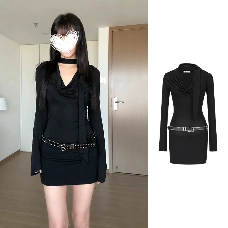 Moses Queen/魔西女王辣妹荡领长袖连衣裙女御姐风黑色性感包臀裙