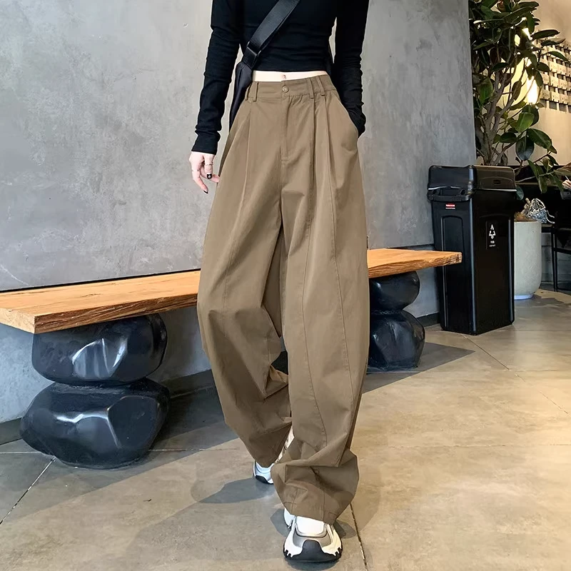 美式工装裤子女2025秋款高腰宽松直筒休闲卡其色老钱风长裤阔腿裤