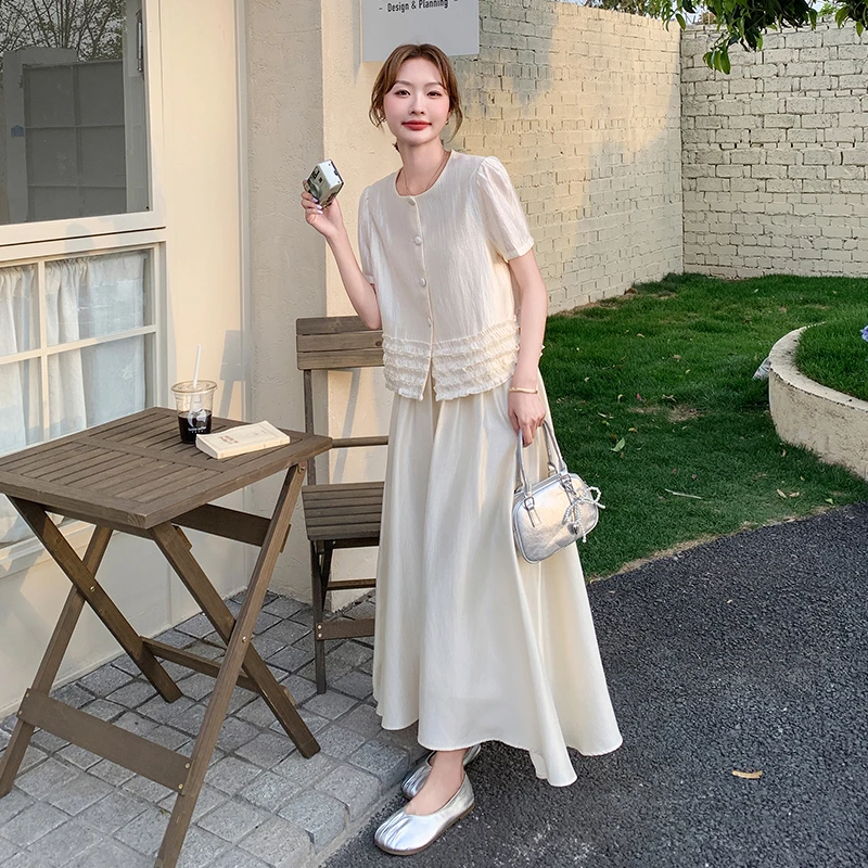 杏色氛围感复古木耳边短袖半身裙套装2025夏季新款慵懒风温柔耐看