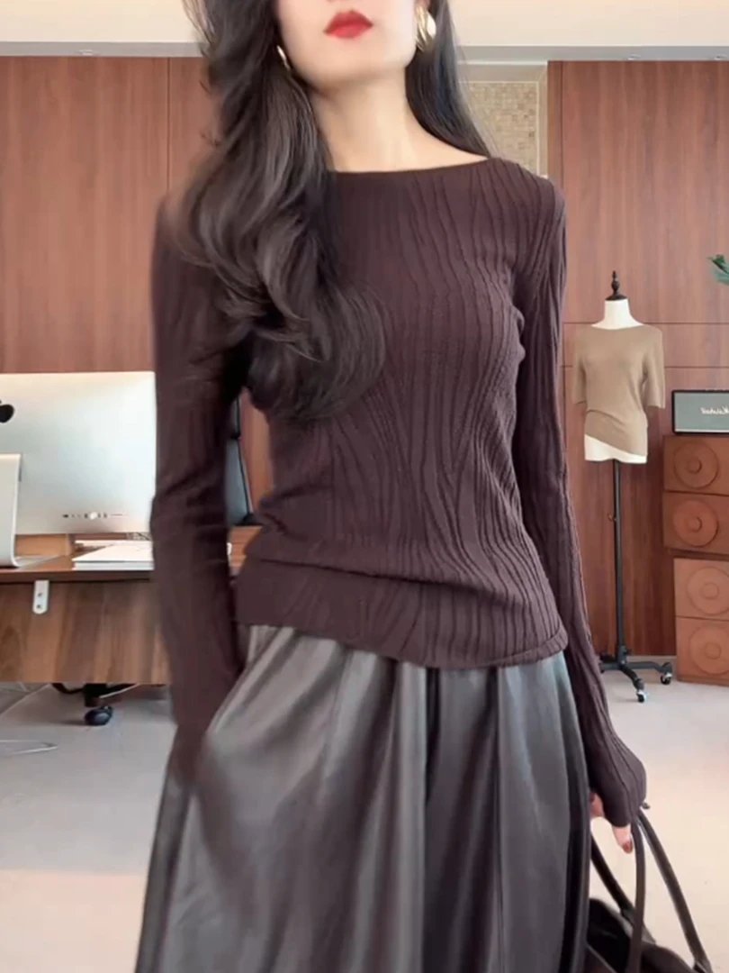 咖色ins显瘦针织衫长袖女装秋季2025新款上衣打底衫毛衣