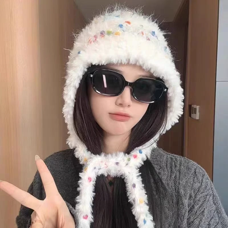 彩虹流苏系带毛绒针织毛线帽子女秋冬季甜美防寒保暖护耳包头帽