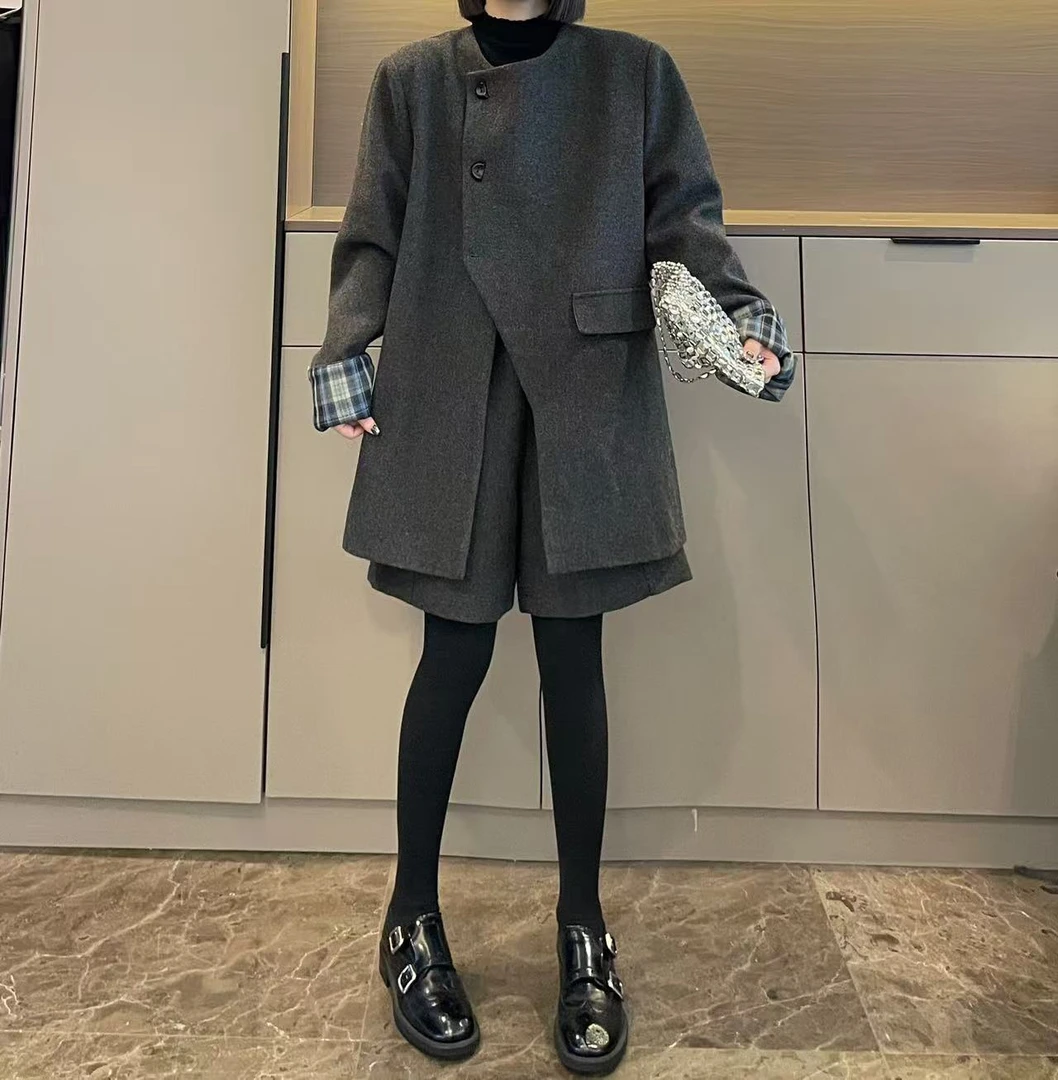米可/MK-2991LJ【不规则呢子外套+中裤套装】时尚秋季新款两件套