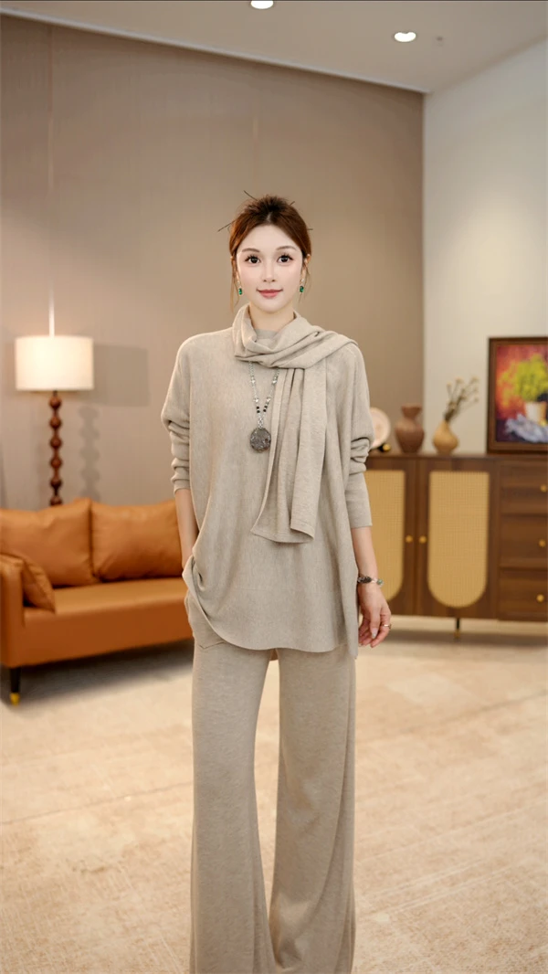 秋冬保暖【暖心】高端杏色时尚遮肉套头毛衣长袖针织洋气套装-9520#